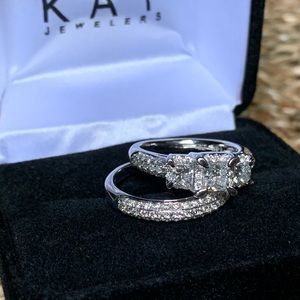 3 Diamond 14k White Gold Engagement Ring Set